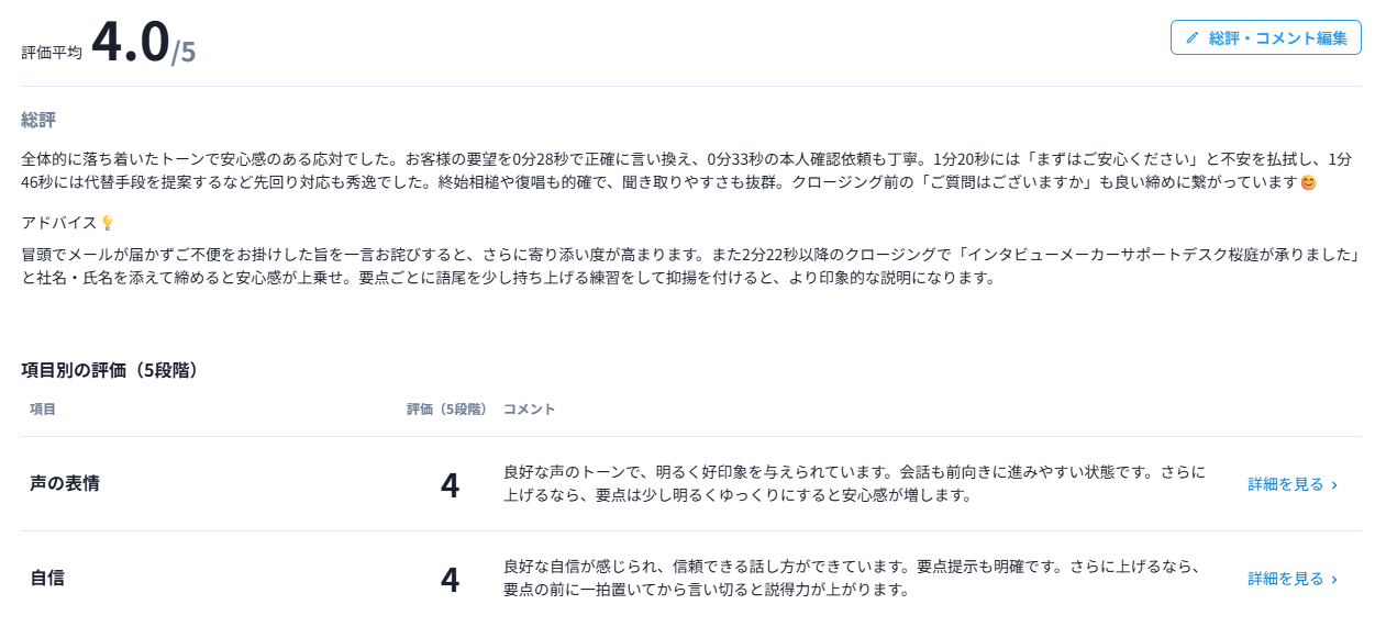 総評と各項目ごとのスコア・フィードバックコメント
（各項目のスコアは、会社毎に調整可能です）